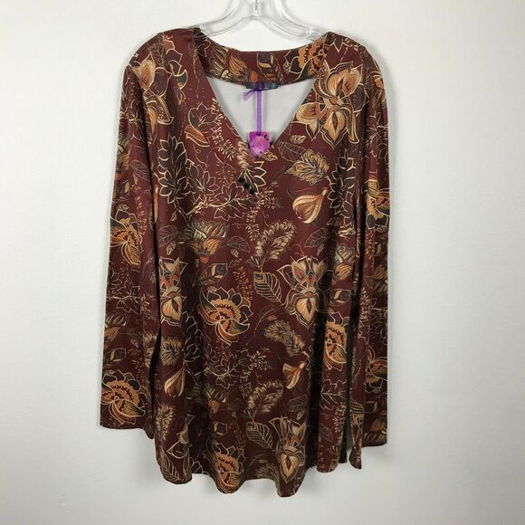 Azalea by Firmiana Tunic Plus Size 3X Burgundy Floral V-Neck Long Sleeve Shirt - Picture 1 of 8